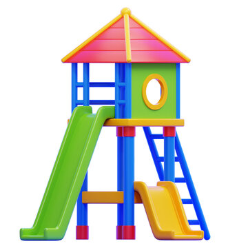 Colorful kids playground equipment with slides and climbing tower isolated on white background, 3D illustration of outdoor playtime activity set