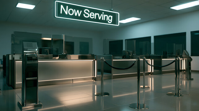 An empty waiting area in a contemporary public office space. The "Now Serving" sign hangs above the vacant customer service desks. The queuing system and the complexities of bureaucracy are illustrate