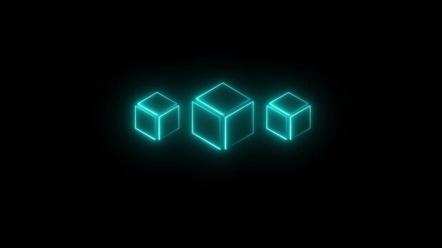 Glowing cyan blue neon 3d isometric geometric cubes representing digital blockchain data blocks on a dark black background.