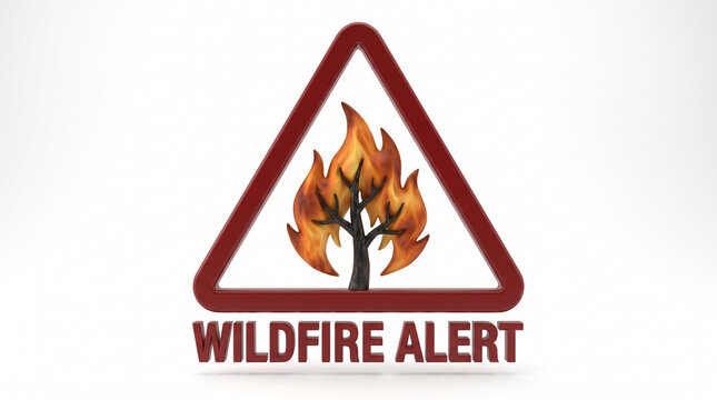 A bold wildfire alert symbol featuring a tree engulfed in flames within a warning triangle.