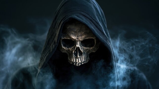 Sinister hooded skeleton face emerging from dark smoke