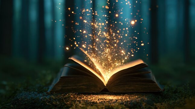 Book with glowing magic light and sparkling fairy dust in a dark mysterious forest for a fantasy tale of wisdom