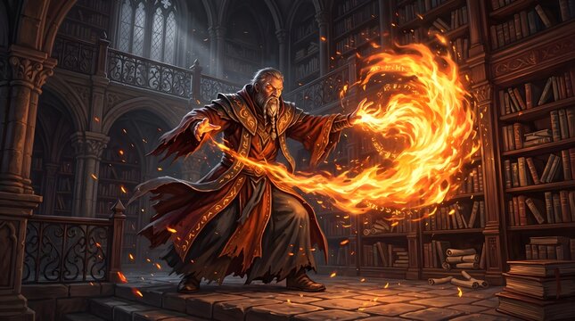 Old powerful wizard in red robes casting a swirling fire spell inside a dark gothic library filled with bookshelves and ancient magic books.