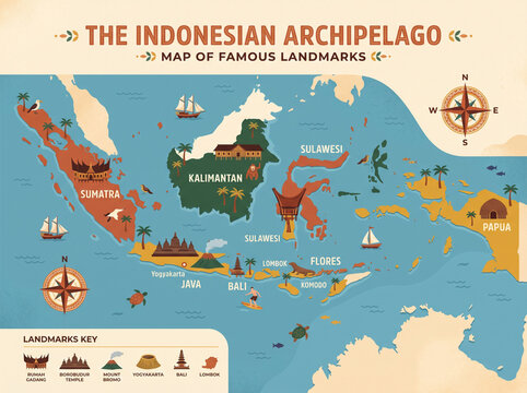 Illustrated Travel Map Graphic Displaying Famous Landmarks of Indonesia with Compass Rose and Sailing Ships in Ocean Blue, Terracotta, and Off White for Educational Materials