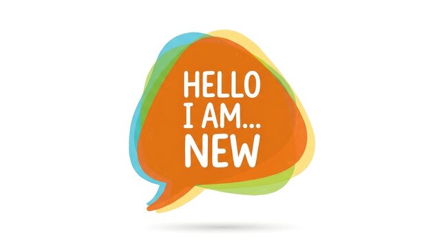 Hello i am new text overlaying a vibrant colorful speech bubble icon for professional introductions