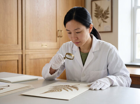 East Asian botanist in her 30s examining a pressed plant specimen