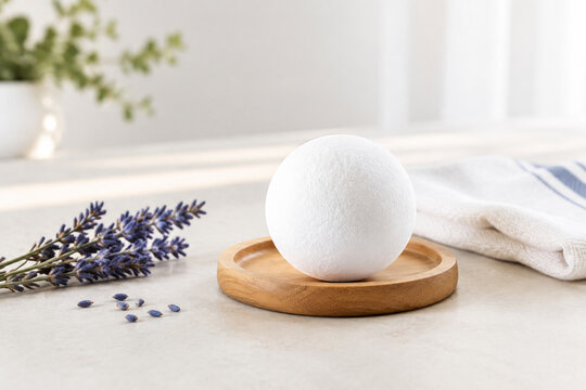 Camphor ball on wooden coaster with cotton cloth and dried lavender