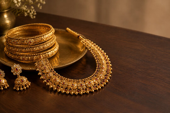 South Asian gold necklace and bangles on brass tray, jewelry arrangement
