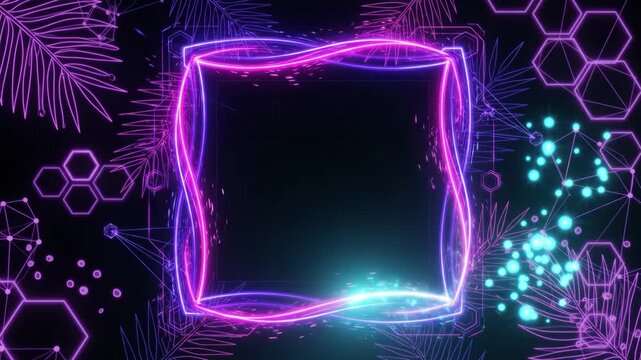 HUD neon interface frame glowing brightly with digital cyber elements and futuristic technology designs surrounding dark display screen background for science fiction presentation templates.