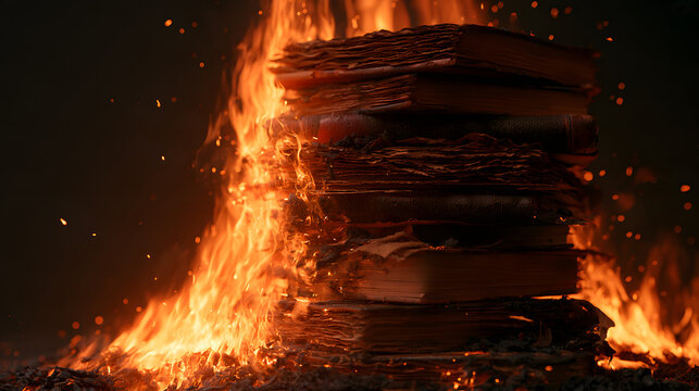A heap of outdated books consumed in a blaze. This symbolizes the concept of censorship and the eradication of knowledge. Banned texts are being incinerated, along with remnants of written expression
