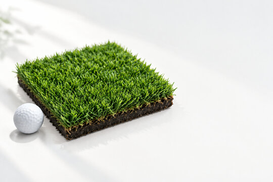 Artificial grass turf square with golf ball, outdoor sport and green surface concept