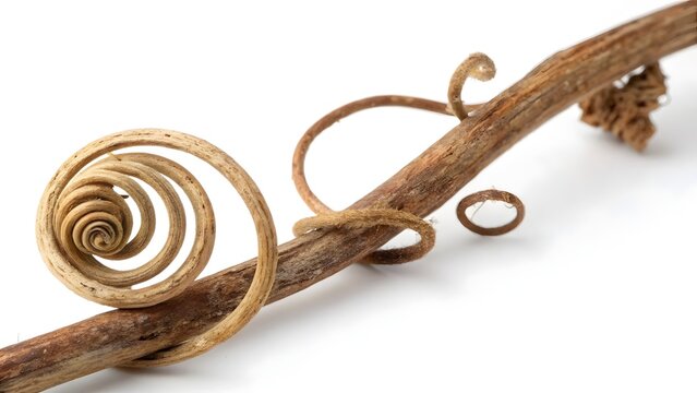 Tendril wraps tightly around a dry wooden branch against a clean white background.
