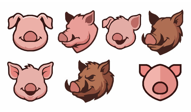 Pig and Boar Head Cartoon Mascot Set Cute Pink Farm Animal Wild Hog Vector Illustration