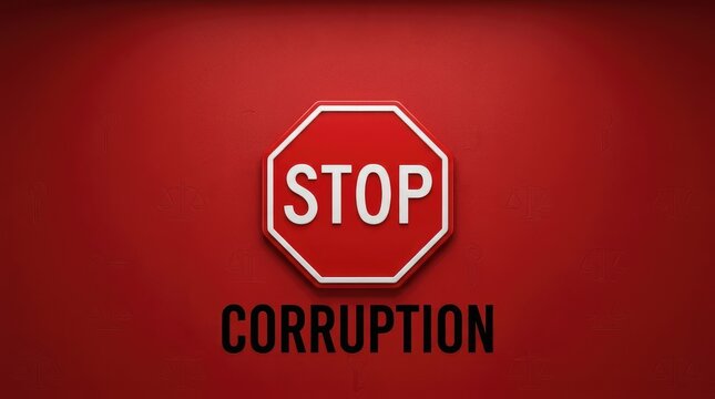 Red stop sign symbol placed prominently above bold black corruption text on a textured background wall