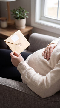 Pregnant woman sitting on a sofa holding an envelope, surrounded by cozy home decor including a plant and soft lighting from a nearby window. Image made using Generative AI.
