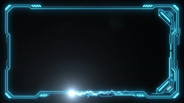 HUD neon interface glowing inside dark futuristic cyber space background, emitting electric blue light beams through sci fi computer screen display graphics with glowing tech border frame design.
