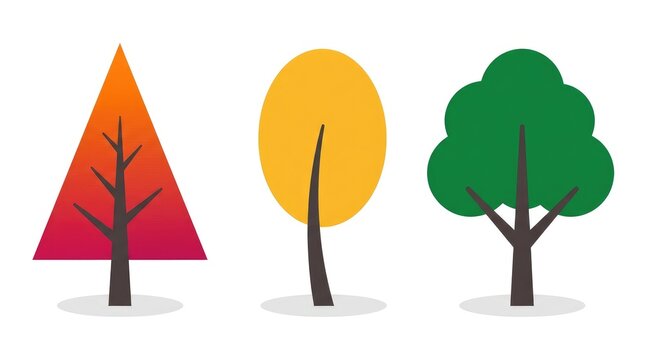 Minimalist vector trees featuring vibrant orange triangle yellow oval and lush green cloud shaped foliage designs