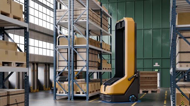 Yellow automated guided vehicles moving through warehouse aisles and lifting a wooden crate beside storage racks. Smart logistics and robotic material handling in an industrial facility- 3D rendering