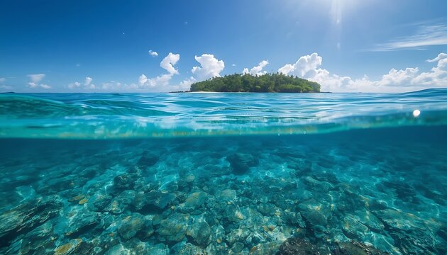 Split view photography of a lush green tropical island and coral reef underwater with ocean landscape marine life sea level tropical paradise clear water paradise beach tropical nature
