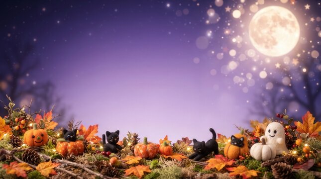 Whimsical Halloween felt characters featuring black cats, ghost, and smiling pumpkins in autumn leaves under a full moon, enchanting copy space backdrop for seasonal marketing and banner design.