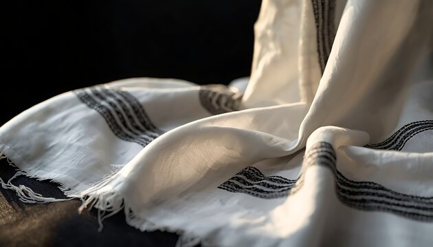 Close up of a traditional white tallit prayer shawl with black stripes resting on a dark surface jewish ritual religious textile fabric texture white garment striped cloth judaism access