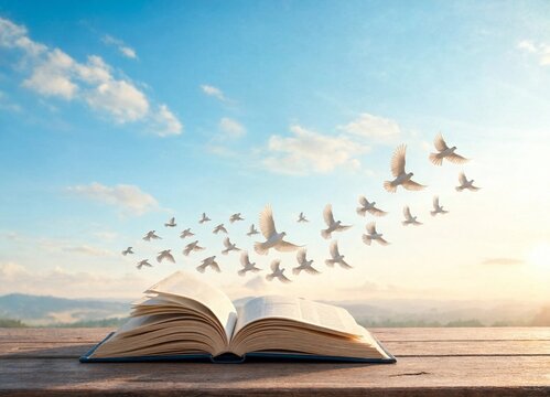 Conceptual open book releasing flock of white birds