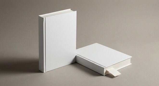 Blank white hard cover novels arranged upright and flat on a clean grey surface