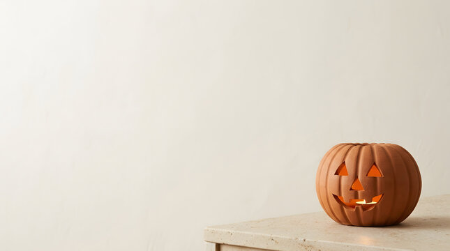 Artisanal ribbed terracotta jack o lantern candle luminary with warm glowing candlelight on limestone console ledge against off-white plaster wall for quiet luxury modern Halloween concept