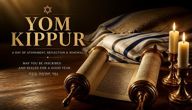 Religious holiday concept for yom kippur with torah scroll tallit and lit candles day of atonement jewish culture holy day prayer shawl religion tradition celebration spiritual