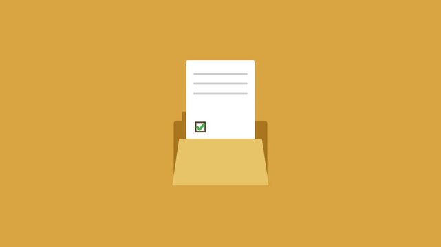 A flat design illustration of a document with a green checkbox inside a brown folder on an orange background.