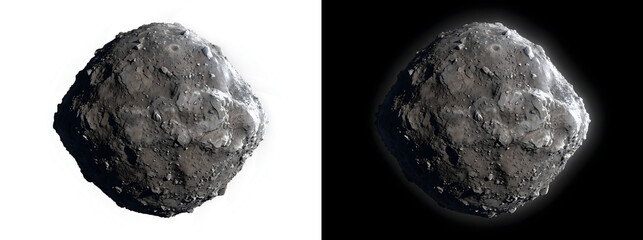 Boulder covered asteroid with jagged rocky peaks and rough textured surface rendered vividly for design PNG, Transparent and Black Background Versions © Tanay