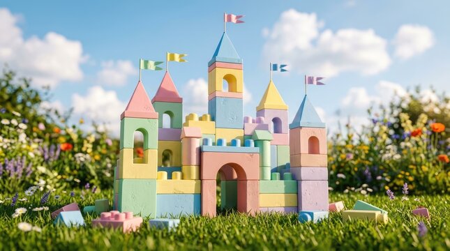 Colorful toy castle built from plastic blocks sitting beautifully within a bright green summer garden landscape