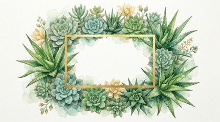 Fototapeta premium Decorative rectangular gold frame surrounded by hand painted vibrant green succulent plants on white background