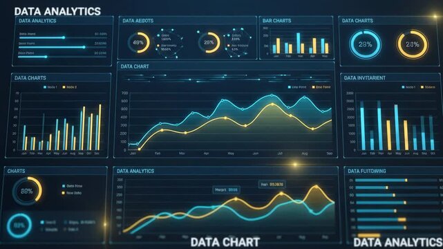 Digital dashboard displaying data analytics metrics with glowing charts and business intelligence infographics on screen providing visual metrics for corporate financial report analysis.