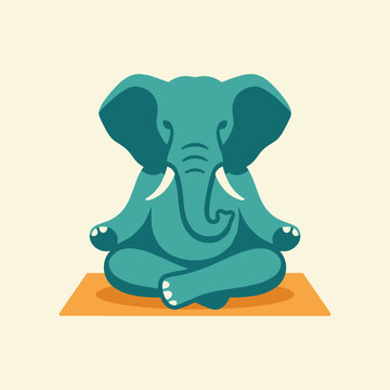 Stylized turquoise elephant meditating in lotus pose on yoga mat