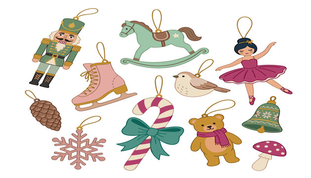 Set of vintage Christmas ornament vectors featuring nutcracker rocking horse ballerina candy cane and traditional holiday tree decorations