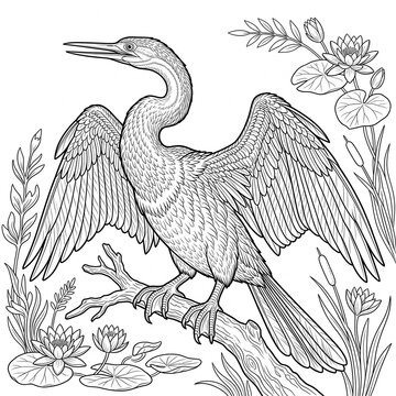 Anhinga Bird Coloring Page Outline with Open Wings and Lilies