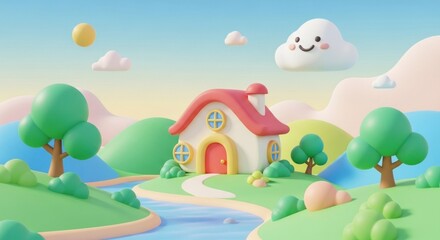 Obraz premium Cartoon scene of a house with a red roof amidst green trees and hills