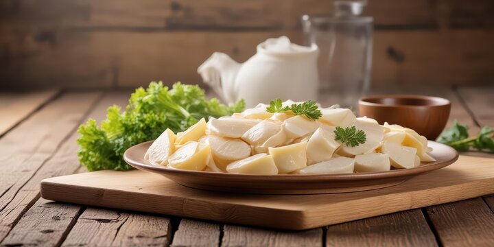 Steaming plate of fish maw and basa fish maw on a wooden table