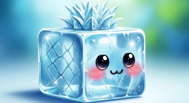 Cartoon ice cube character with a decorative top and playful expression