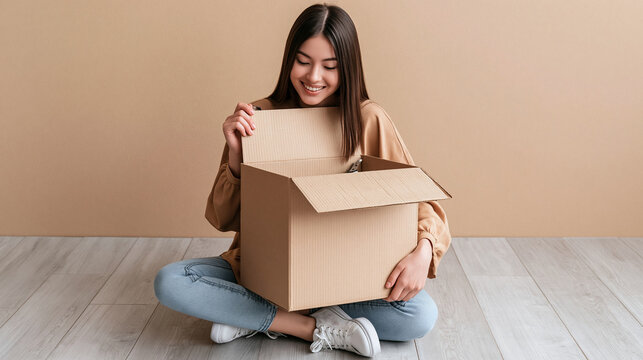 Excited Unboxing Moment: A young woman beams with delight as she eagerly opens a cardboard box, anticipating the contents within, capturing the thrill of discovery and surprise.