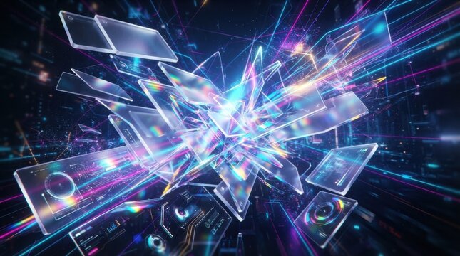 Abstract geometric shapes with glowing neon light effects