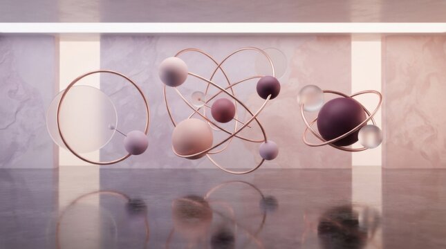 Abstract 3D atom models with spheres and rings in soft pastel colors