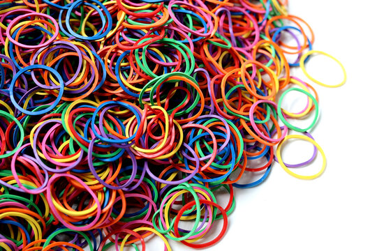 Piles of colorful elastic rubber bands