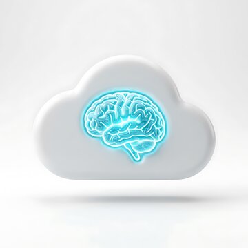 Glowing cyan human brain inside white cloud shape representing smart digital storage and artificial intelligence concepts
