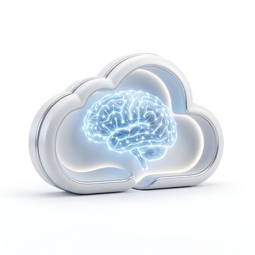 Glowing human brain inside a white cloud symbol representing artificial intelligence and modern data storage technology