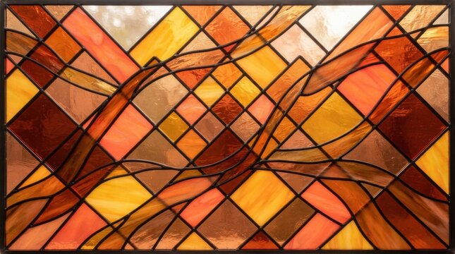 Abstract stained glass window pattern with orange and brown geometric square shapes