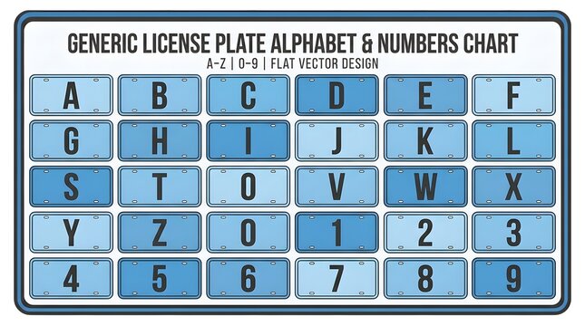 Generic vehicle license plate alphanumeric number chart for registration and identification
