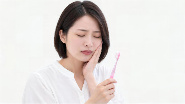 歯ブラシを持って頬に手を当てる歯が痛い女性