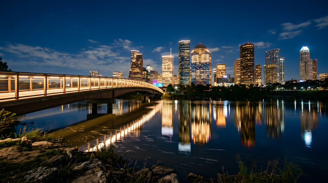 Houston skyline night bridge reflection downtown city architecture